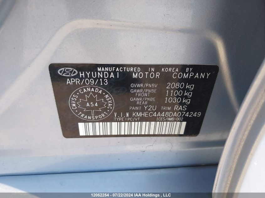 2013 Hyundai Sonata Hybrid VIN: KMHEC4A48DA074249 Lot: 12052254