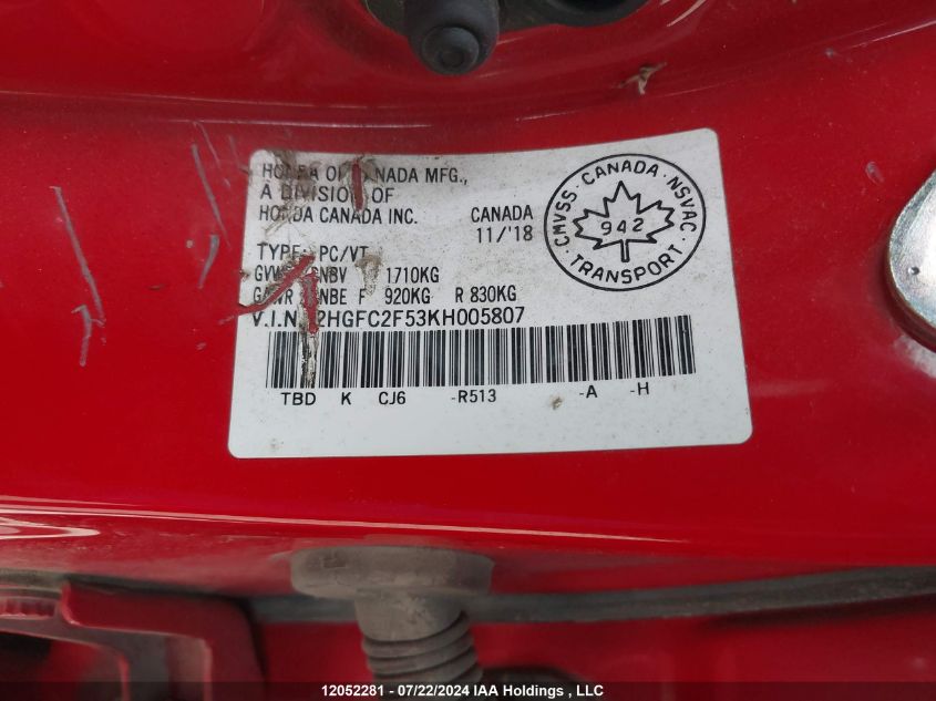 2019 Honda Civic Sedan VIN: 2HGFC2F53KH005807 Lot: 12052281