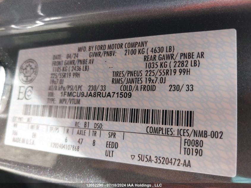 2024 Ford Escape Platinum VIN: 1FMCU9JA8RUA71509 Lot: 12052290
