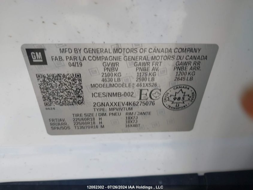 2019 Chevrolet Equinox VIN: 2GNAXXEV4K6275076 Lot: 12052302