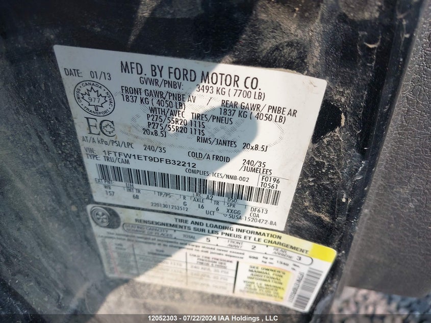 2013 Ford F-150 Fx4 VIN: 1FTFW1ET9DFB32212 Lot: 12052303