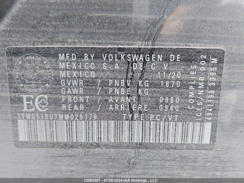 2021 Volkswagen Jetta VIN: 3VWG57BU7MM029178 Lot: 12052307