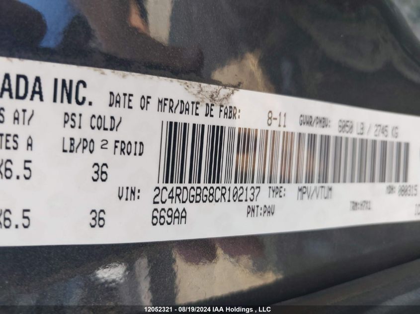 2012 Dodge Grand Caravan Se VIN: 2C4RDGBG8CR102137 Lot: 12052321