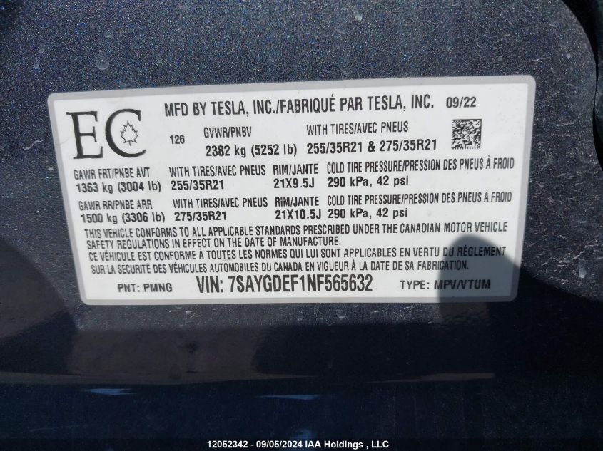 2022 Tesla Model Y VIN: 7SAYGDEF1NF565632 Lot: 12052342