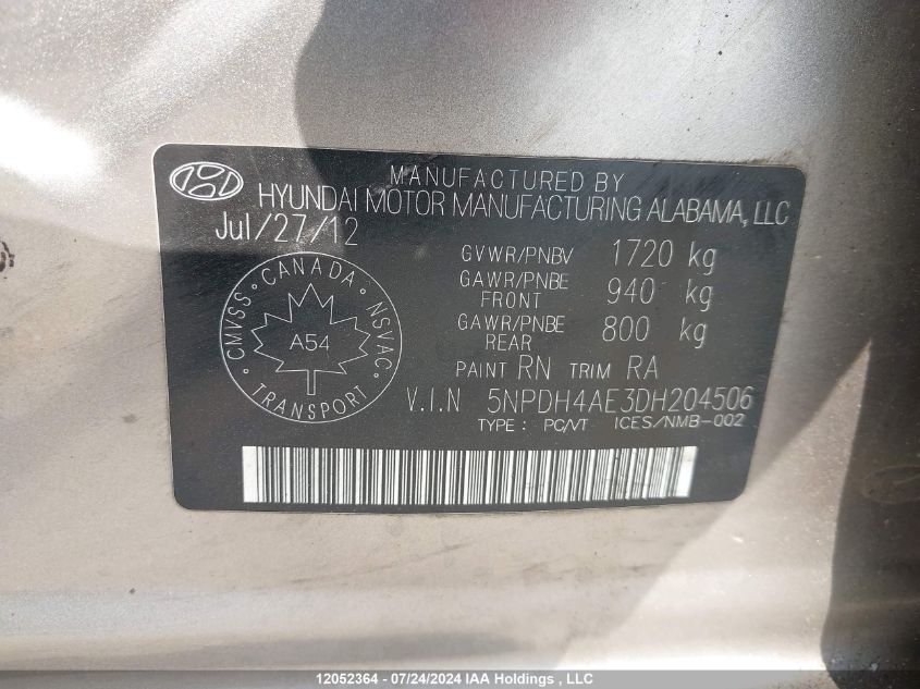 2013 Hyundai Elantra Gl VIN: 5NPDH4AE3DH204506 Lot: 12052364