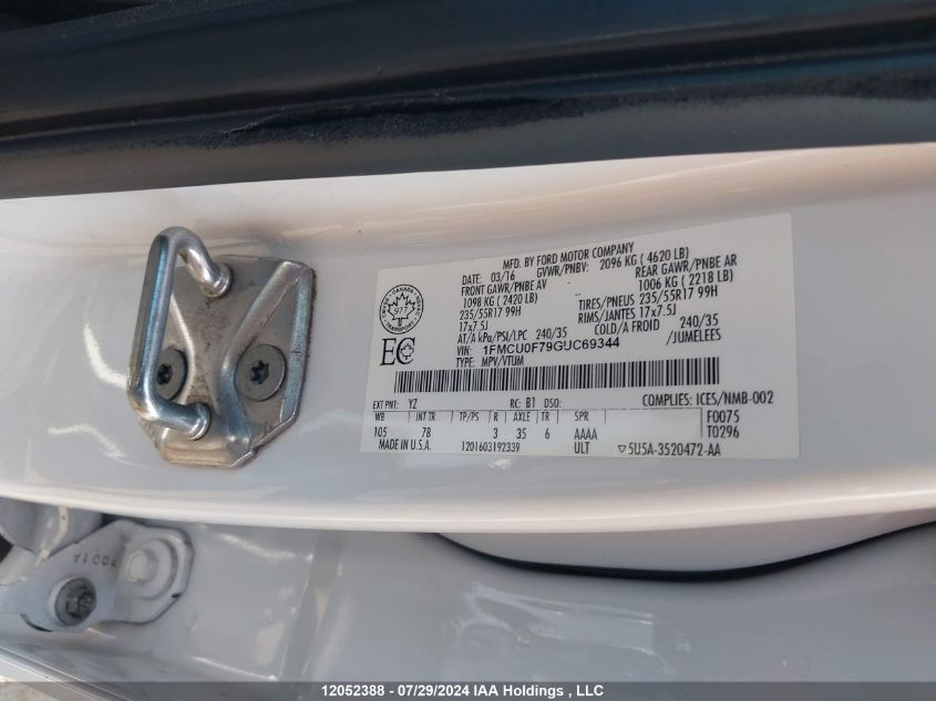 2016 Ford Escape S VIN: 1FMCU0F79GUC69344 Lot: 12052388