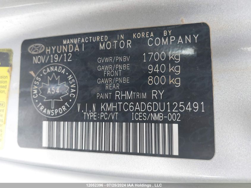 2013 Hyundai Veloster Tech VIN: KMHTC6AD6DU125491 Lot: 12052396