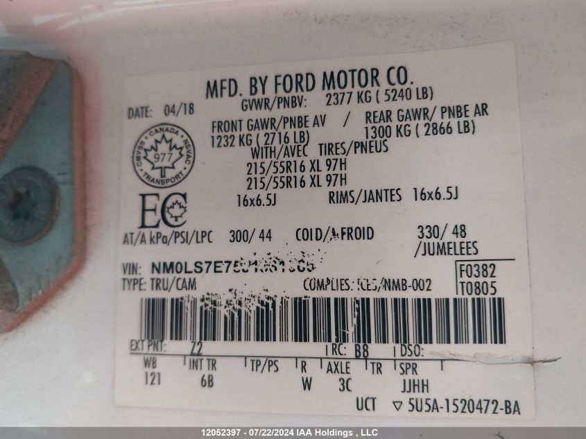 2018 Ford Transit Connect Xl VIN: NM0LS7E75J1381360 Lot: 12052397