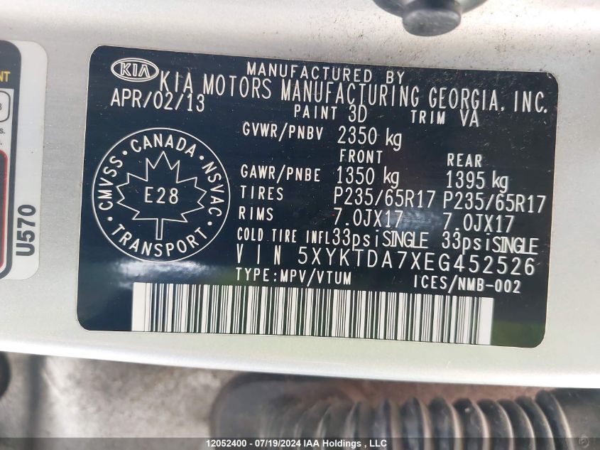 2014 Kia Sorento VIN: 5XYKTDA7XEG452526 Lot: 12052400