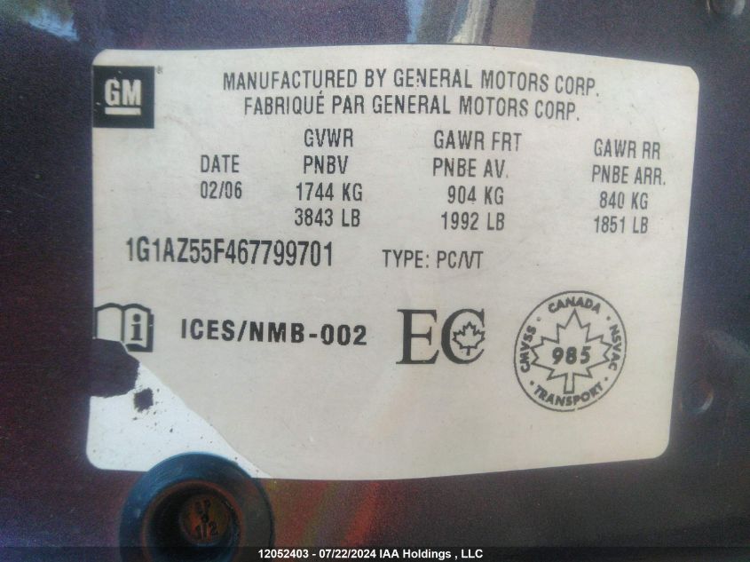 2006 Chevrolet Cobalt Ltz VIN: 1G1AZ55F467799701 Lot: 12052403