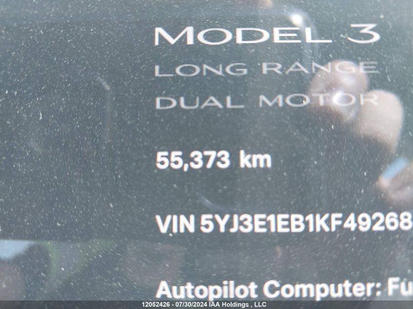 2019 Tesla Model 3 VIN: 5YJ3E1EB1KF492685 Lot: 12052426