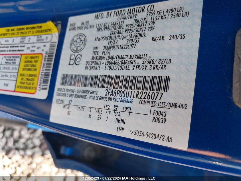 2020 Ford Fusion Energi Titanium VIN: 3FA6P0SU1LR226077 Lot: 12052429