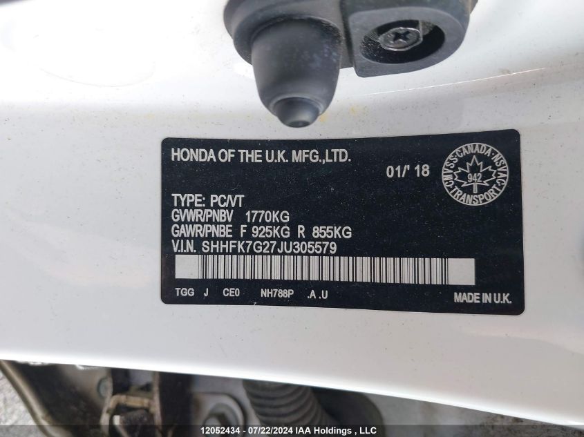 2018 Honda Civic Hatchback VIN: SHHFK7G27JU305579 Lot: 12052434