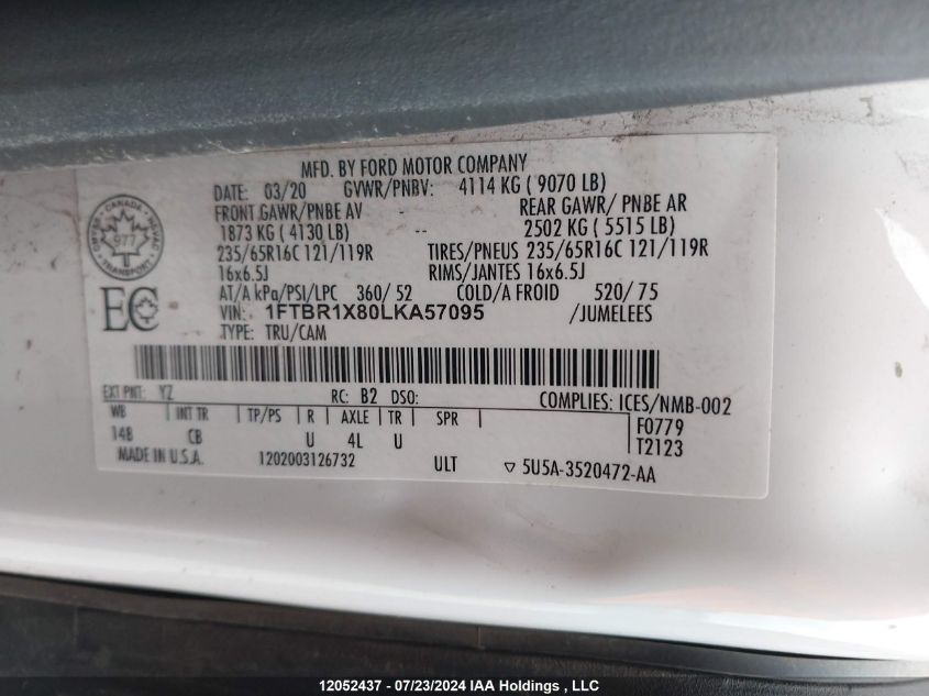 2020 Ford Transit T-250 VIN: 1FTBR1X80LKA57095 Lot: 12052437