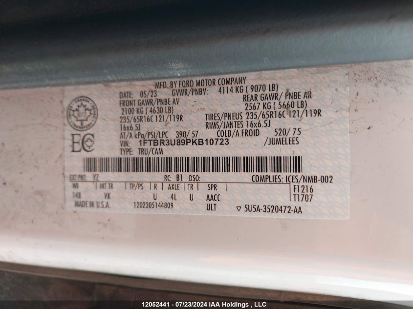 2023 Ford Transit T-250 VIN: 1FTBR3U89PKB10723 Lot: 12052441