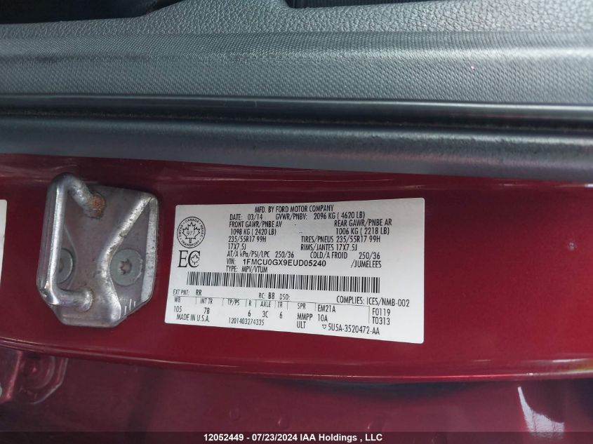 2014 Ford Escape Se VIN: 1FMCU0GX9EUD05240 Lot: 12052449