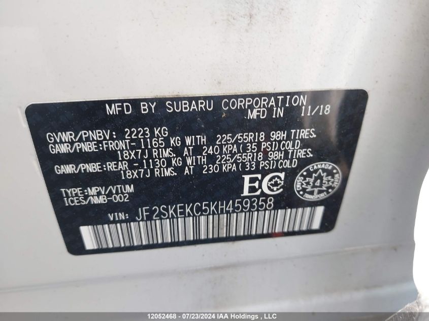 2019 Subaru Forester VIN: JF2SKEKC5KH459358 Lot: 12052468