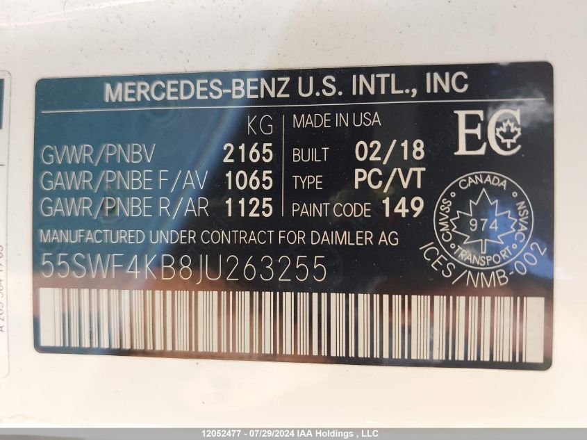 2018 Mercedes-Benz C-Class VIN: 55SWF4KB8JU263255 Lot: 12052477