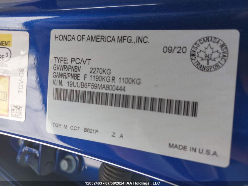 2021 Acura Tlx Tech A VIN: 19UUB6F59MA800444 Lot: 12052483