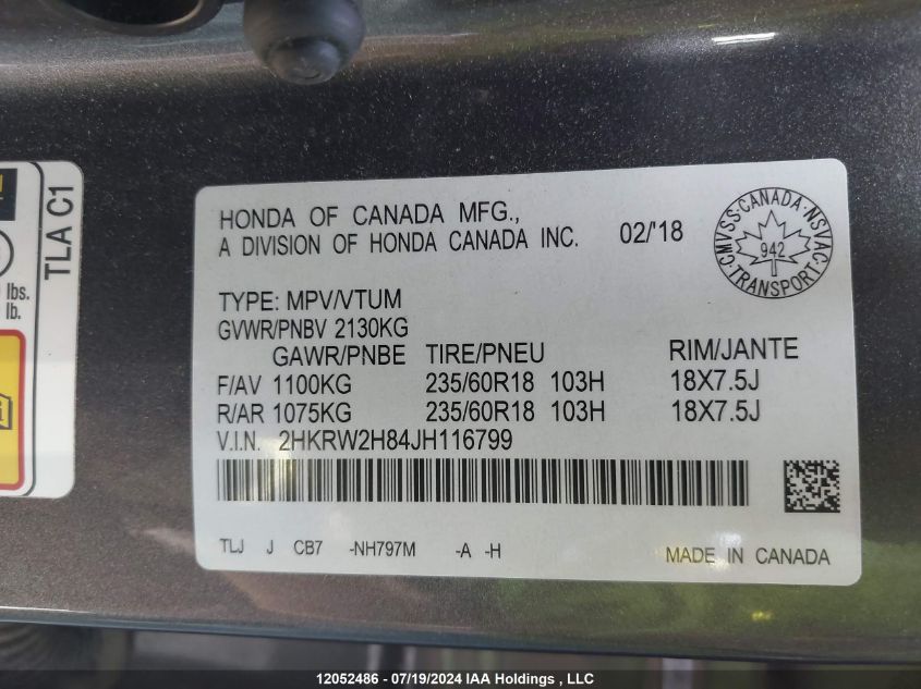 2018 Honda Cr-V Exl VIN: 2HKRW2H84JH116799 Lot: 12052486