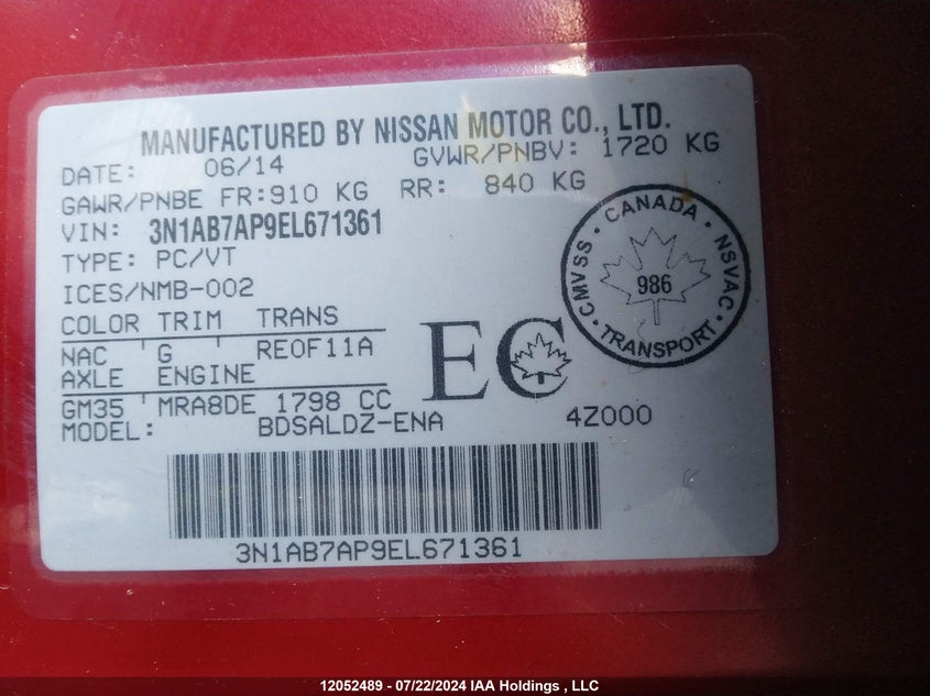 2014 Nissan Sentra S/Sv/Sr/Sl VIN: 3N1AB7AP9EL671361 Lot: 12052489