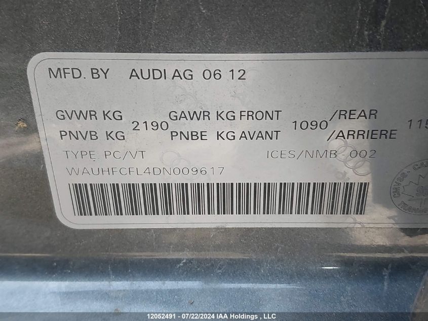 2013 Audi A4 Premium Plus VIN: WAUHFCFL4DN009617 Lot: 12052491