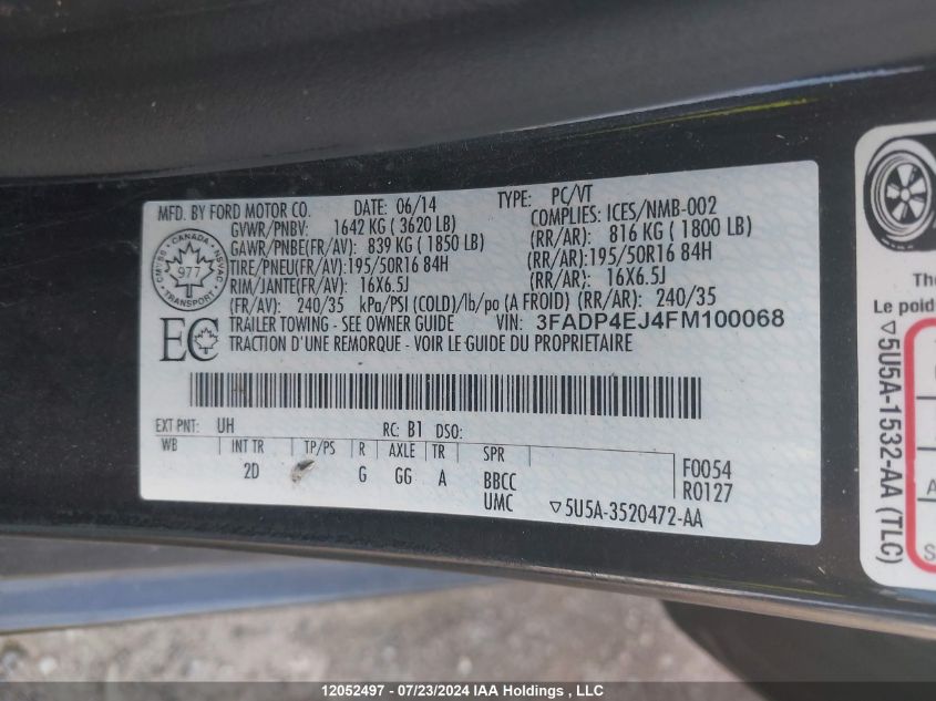 2015 Ford Fiesta Se VIN: 3FADP4EJ4FM100068 Lot: 12052497