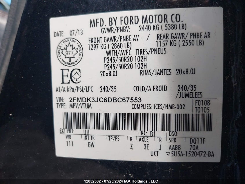 2013 Ford Edge Sel VIN: 2FMDK3JC6DBC67553 Lot: 12052502