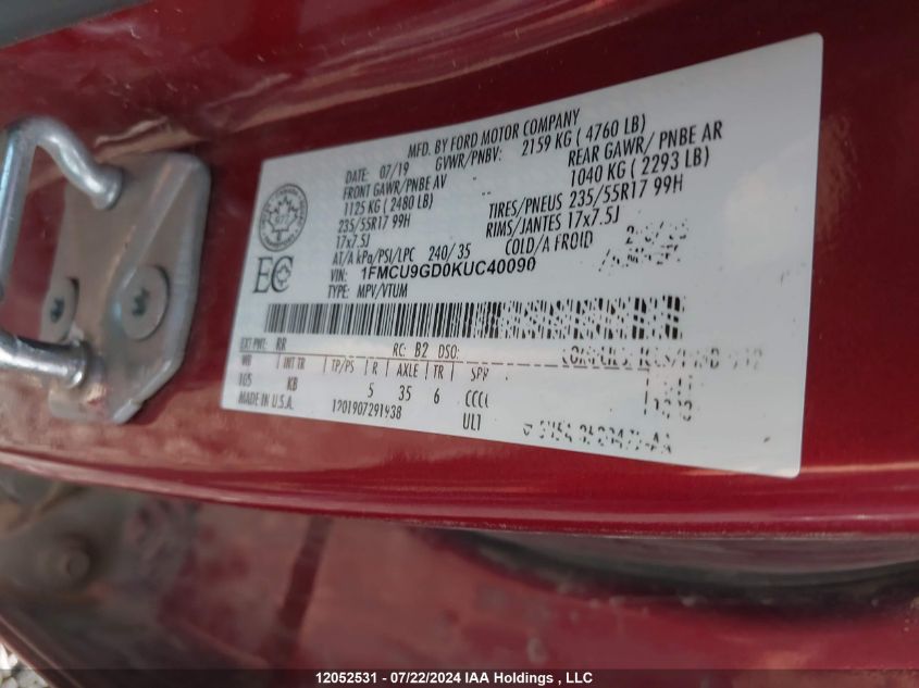 2019 Ford Escape Se VIN: 1FMCU9GD0KUC40090 Lot: 12052531