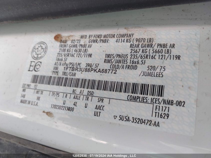 2023 Ford Transit T-250 VIN: 1FTBR3U88PKA68772 Lot: 12052535