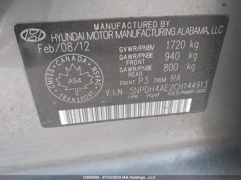 2012 Hyundai Elantra VIN: 5NPDH4AE2CH144913 Lot: 12052543