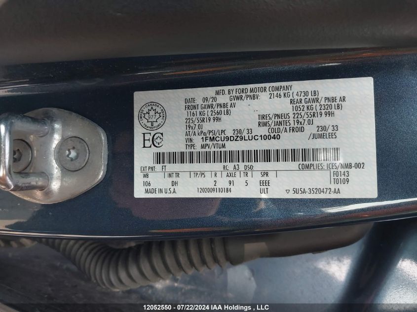 2020 Ford Escape Titanium Hybrid VIN: 1FMCU9DZ9LUC10040 Lot: 12052550