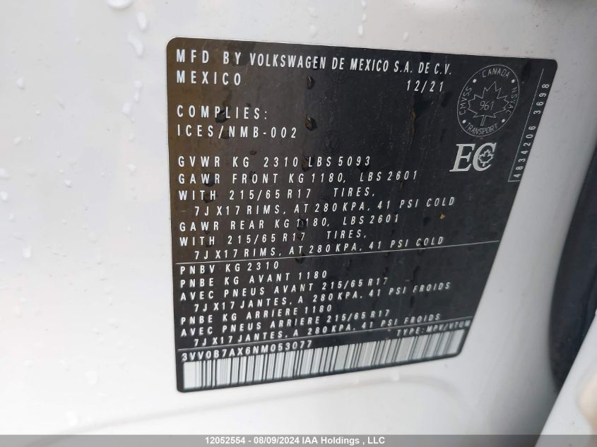 2022 Volkswagen Tiguan VIN: 3VV0B7AX6NM053077 Lot: 12052554