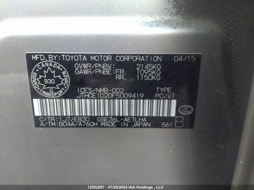 2015 Lexus Is 350 VIN: JTHCE1D20F5009419 Lot: 12052557