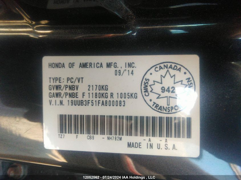 2015 Acura Tlx Tech VIN: 19UUB3F51FA800083 Lot: 12052562