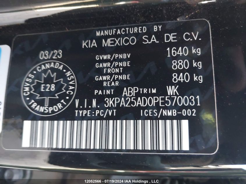 2023 Kia Rio S VIN: 3KPA25AD0PE570031 Lot: 12052566