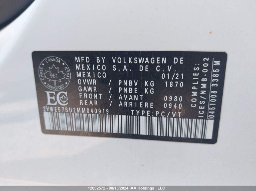2021 Volkswagen Jetta VIN: 3VWE57BU2MM040919 Lot: 12052572