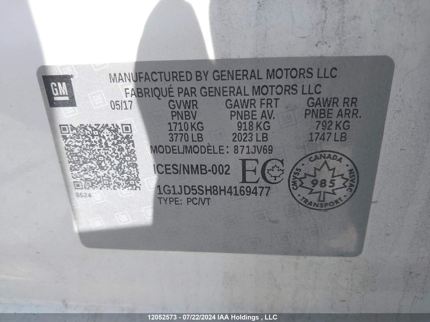 2017 Chevrolet Sonic VIN: 1G1JD5SH8H4169477 Lot: 12052573