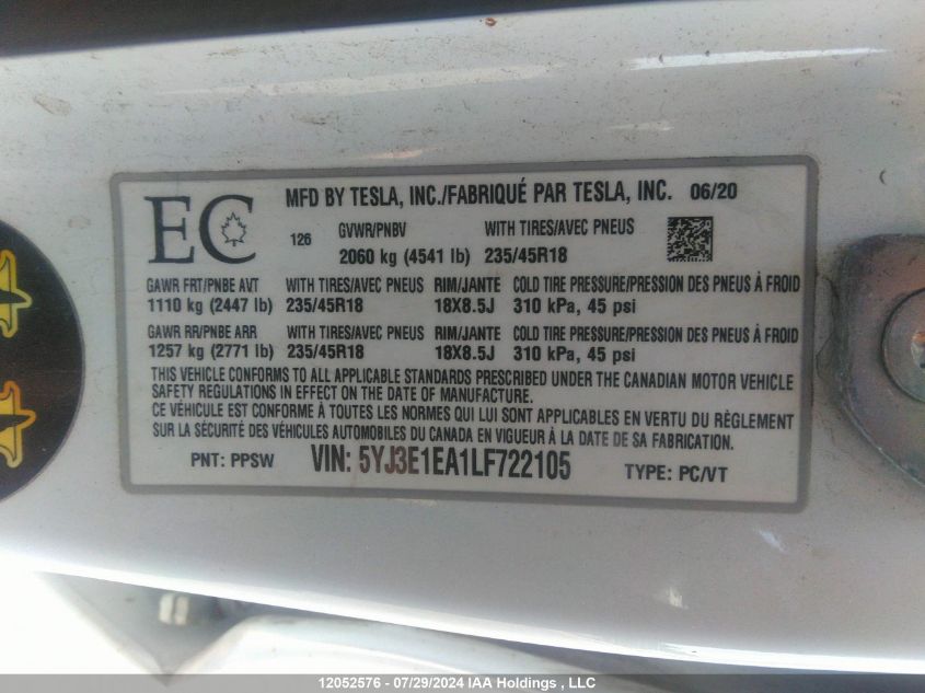 2020 Tesla Model 3 VIN: 5YJ3E1EA1LF722105 Lot: 12052576