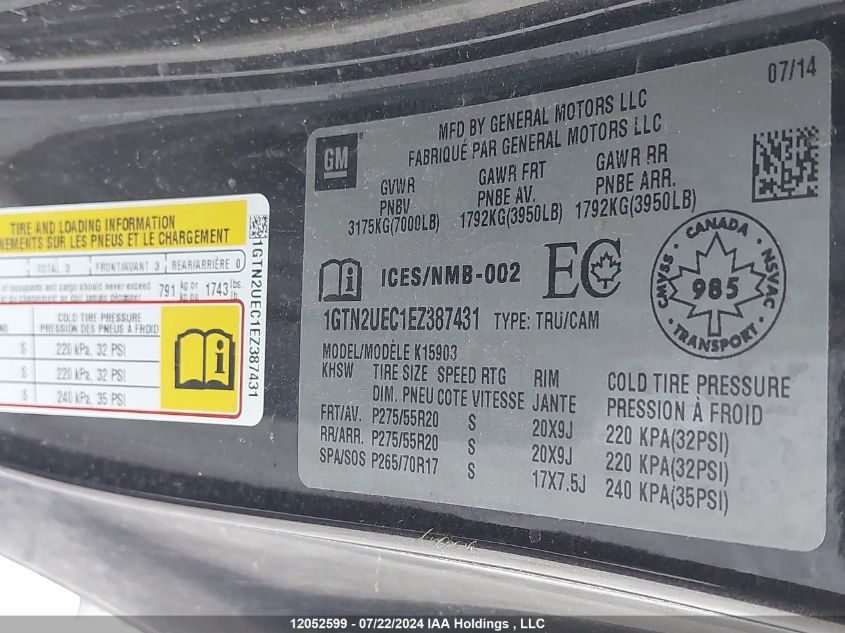 2014 GMC Sierra K1500 Sle VIN: 1GTN2UEC1EZ387431 Lot: 12052599