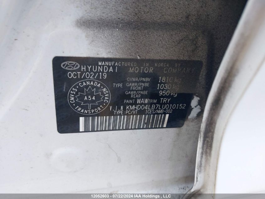 2020 Hyundai Elantra Sport VIN: KMHD04LB7LU010152 Lot: 12052603