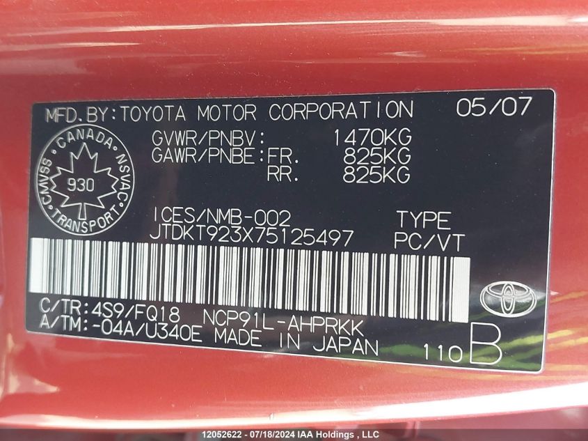 2007 Toyota Yaris VIN: JTDKT923X75125497 Lot: 12052622