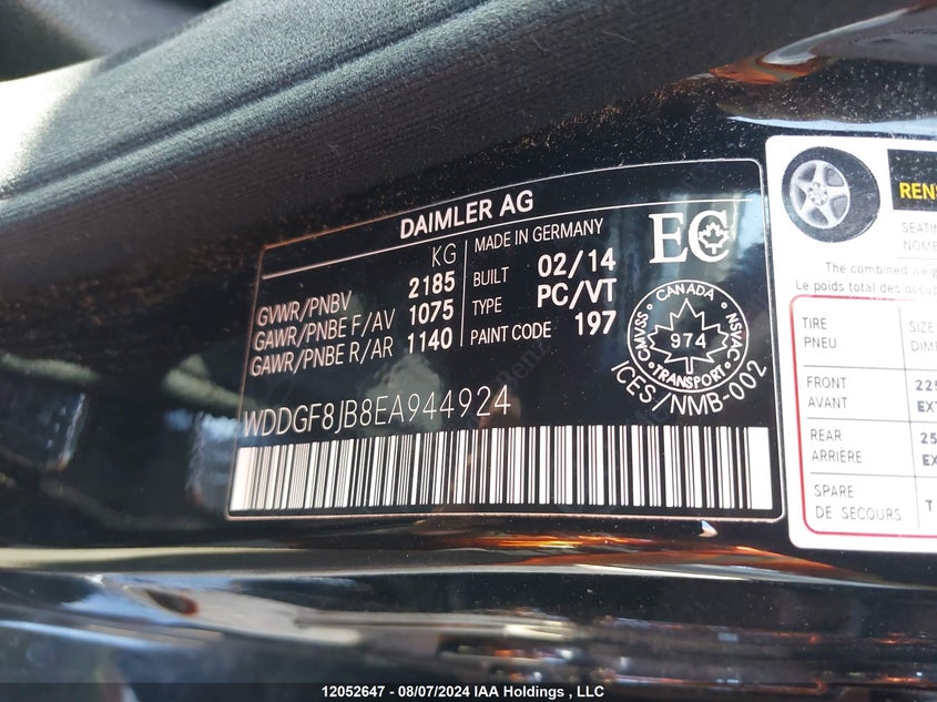 2014 Mercedes-Benz C-Class VIN: WDDGF8JB8EA944924 Lot: 12052647