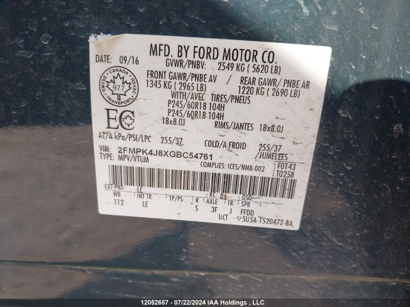 2016 Ford Edge Sel VIN: 2FMPK4J8XGBC54761 Lot: 12052657