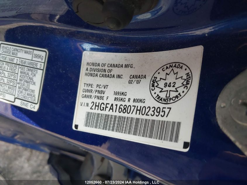 2007 Honda Civic Ex VIN: 2HGFA16807H023957 Lot: 12052660