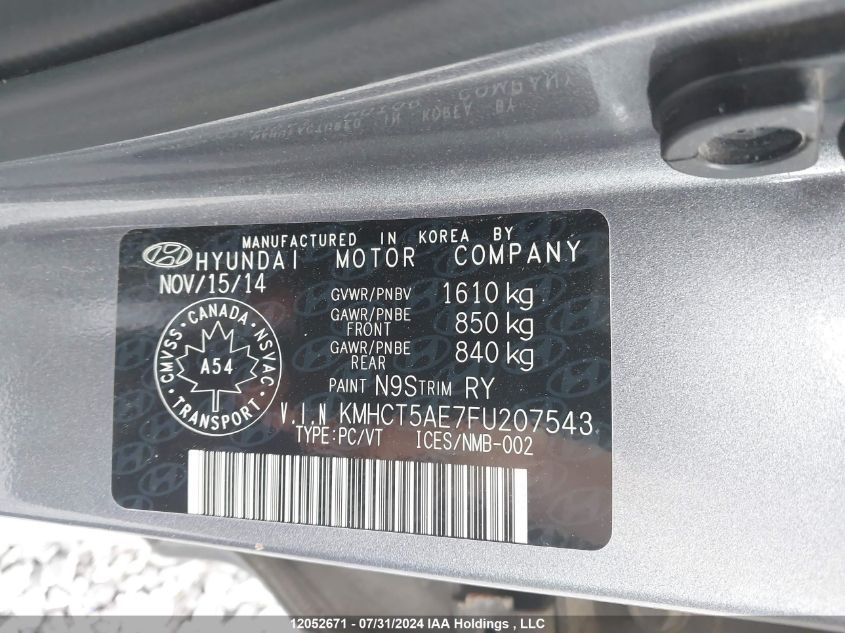 2015 Hyundai Accent VIN: KMHCT5AE7FU207543 Lot: 12052671