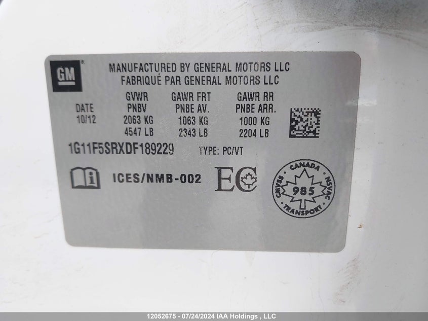 2013 Chevrolet Malibu VIN: 1G11F5SRXDF189229 Lot: 12052675