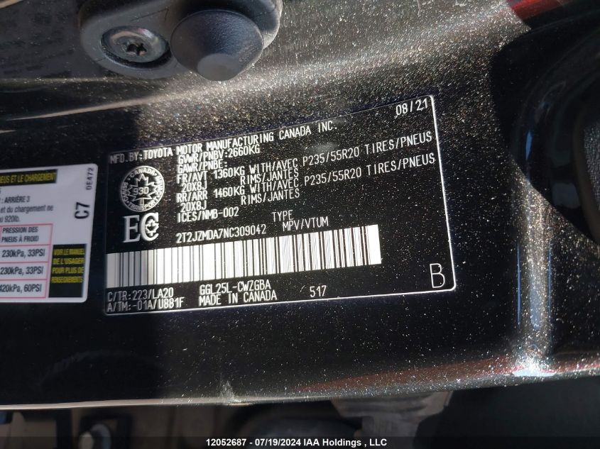 2022 Lexus Rx 350 VIN: 2T2JZMDA7NC309042 Lot: 12052687