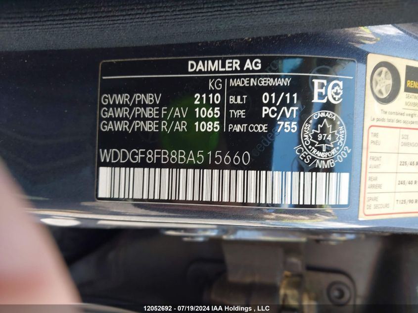 2011 Mercedes-Benz C-Class VIN: WDDGF8FB8BA515660 Lot: 12052692