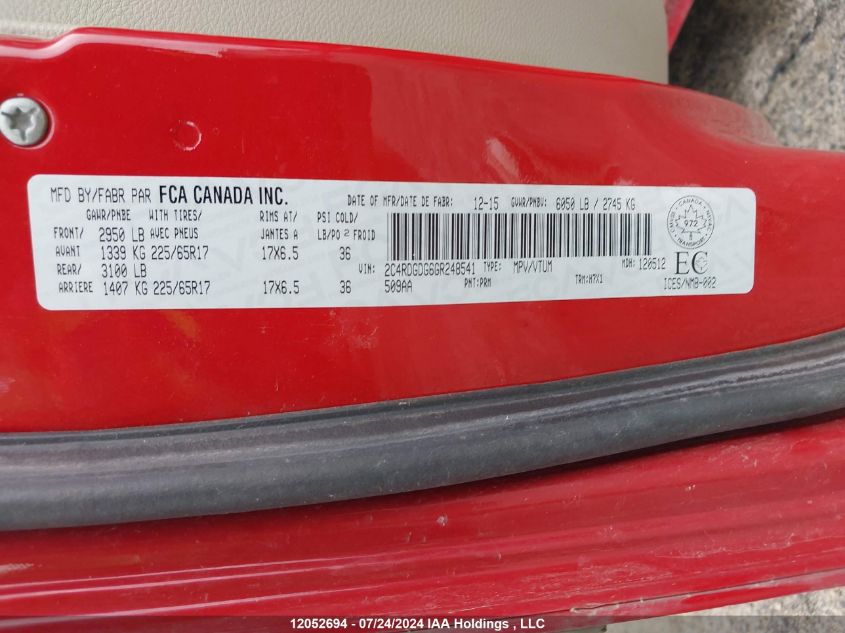 2016 Dodge Grand Caravan Crew VIN: 2C4RDGDG6GR248541 Lot: 12052694